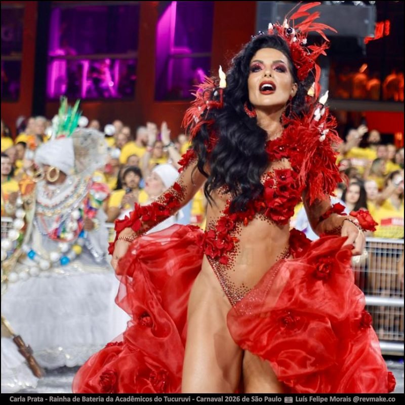 Carla Prata, Rainha de Bateria da Acadêmicos do Tucuruvi, no Carnaval 2026 de São Paulo - carnavalnobrasil.com.br