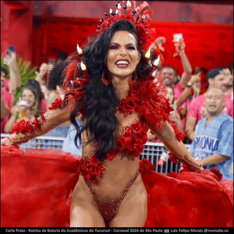 Carla Prata, Rainha de Bateria da Acadêmicos do Tucuruvi, no Carnaval 2026 de São Paulo - carnavalnobrasil.com.br