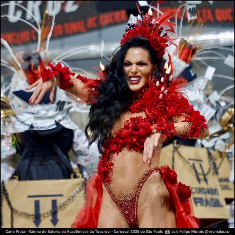 Carla Prata, Rainha de Bateria da Acadêmicos do Tucuruvi, no Carnaval 2026 de São Paulo - carnavalnobrasil.com.br