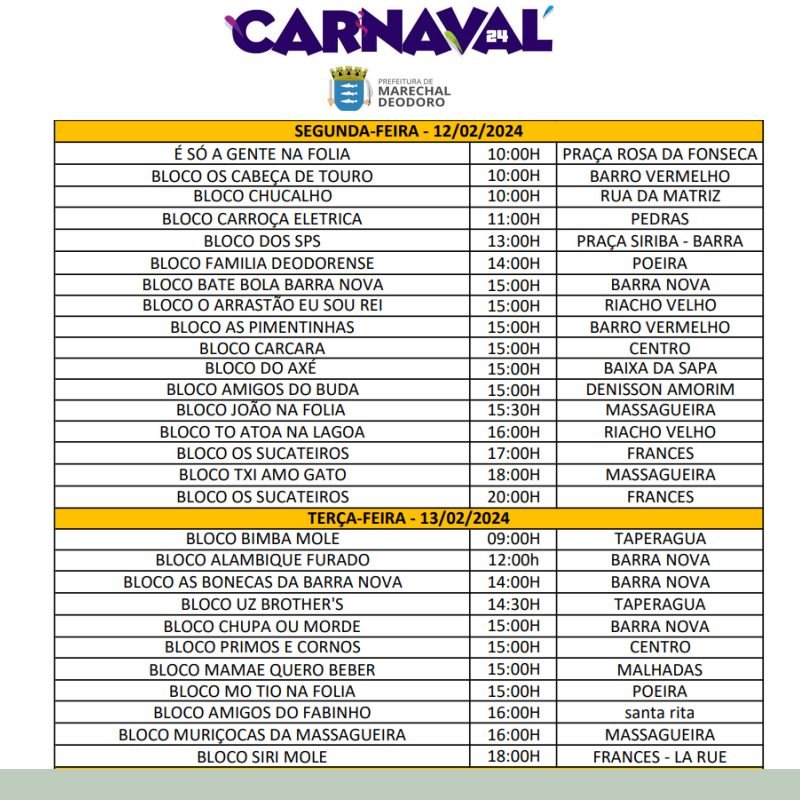 Programação dos blocos de rua no Carnaval 2024 em Marechal Deodoro