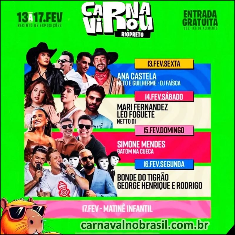 Programação Carnavirou 2026 - Carnaval de Rio Preto em São Paulo : shows com Ana Castela, Mari Fernandez e Simone Mendes