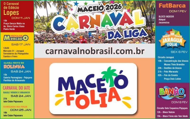 Maceió Carnaval 2026 em Alagoas : programação do pré-carnaval na capital alagoana - carnavalnobrasil.com.br