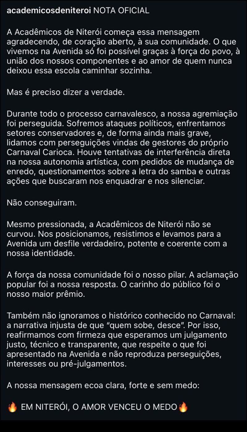 Acadêmicos de Niterói lança nota sobre perseguições e tentativas de interferência