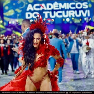 Carla Prata, Rainha de Bateria da Acadêmicos do Tucuruvi, no Carnaval 2026 de São Paulo - carnavalnobrasil.com.br