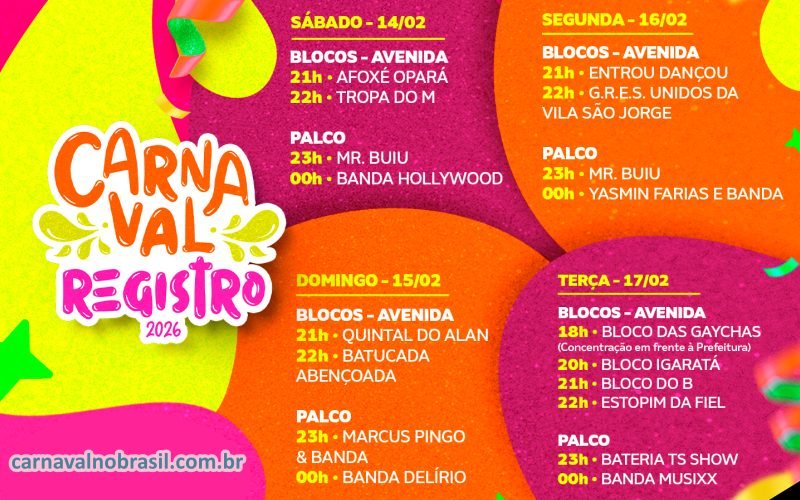 Programação Carnaval 2026 de Registro em São Paulo : atrações de 14 a 17 de fevereiro, na Praça Beira Rio